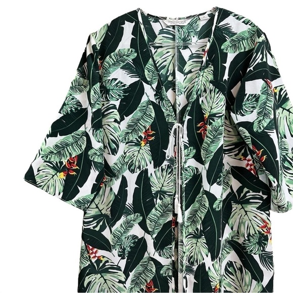 Rachel Zoe Tropical Palm Leaf Green Duster Kimono Long Swim Cover Up Size OS - Picture 3 of 8